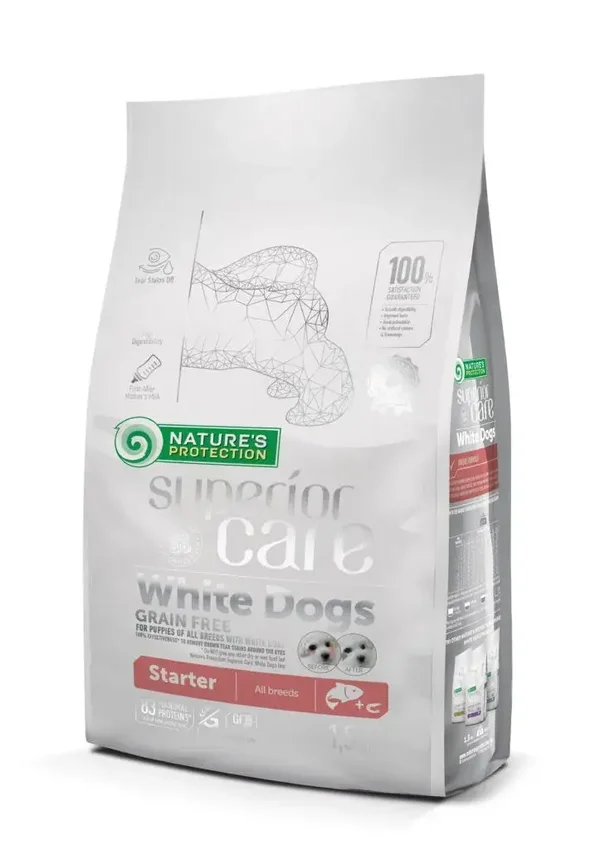 Dry grain free food for puppies of all breeds with white coat, with salmon