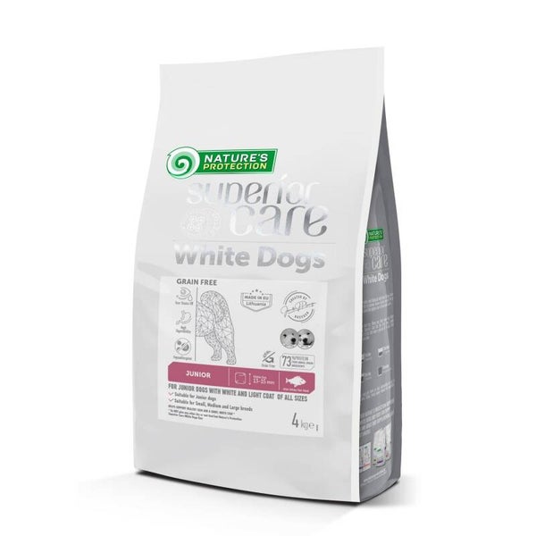 Dry grain free pet food with white fish for junior dogs of all sizes with white coat