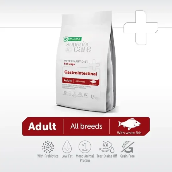 Dry dietetic pet food with white fish for adult dogs of all breeds with digestive disorders