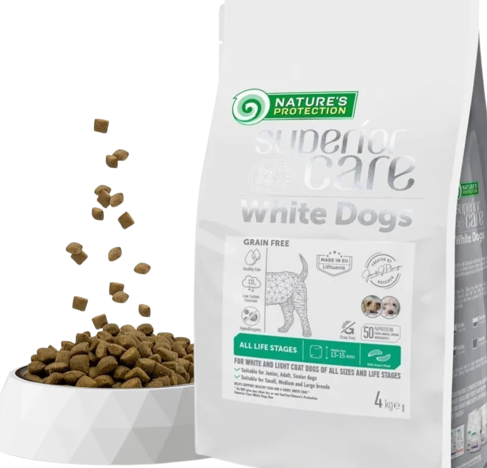 Dry Grain free pet food with insect for dogs of all sizes and life stages white & Light coats