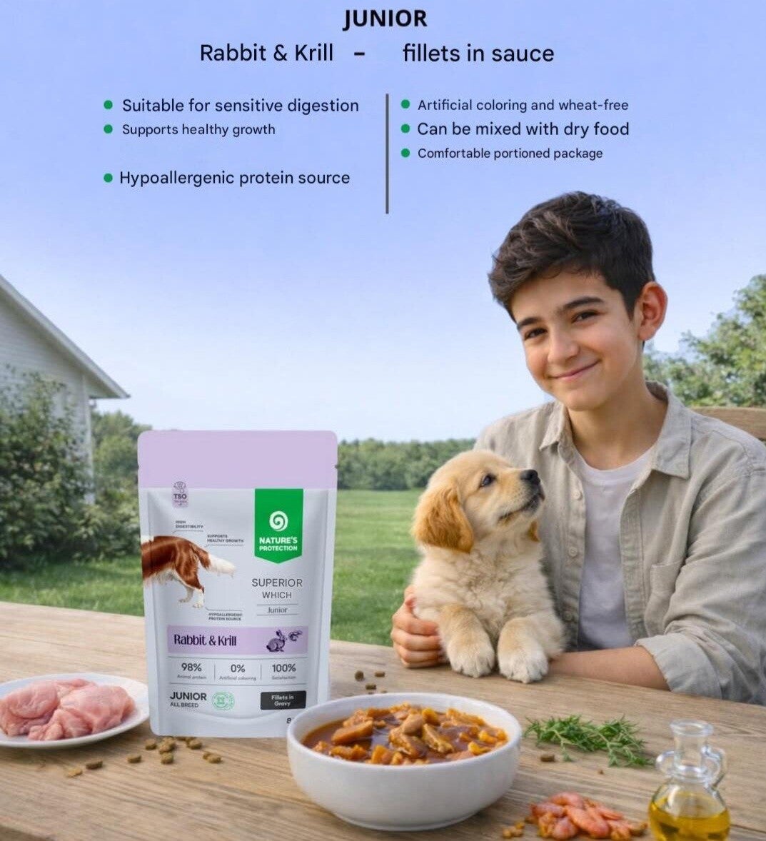Superior Care grain free wet pet food with rabbit and krill for junior dogs of all breeds 85 g