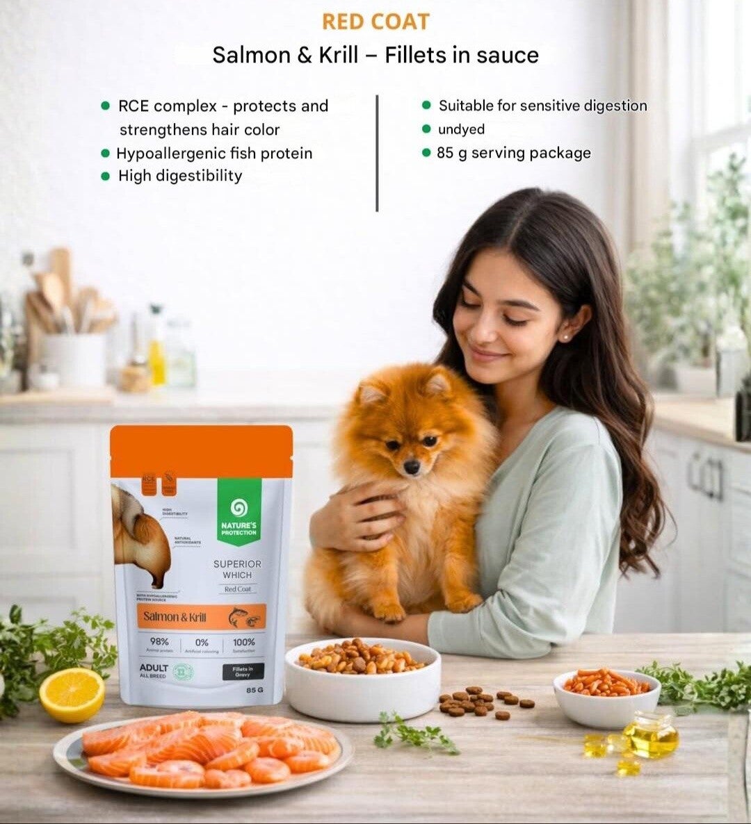 Superior Care grain free wet pet food with salmon and krill for adult all breed dogs with red coat 85 g