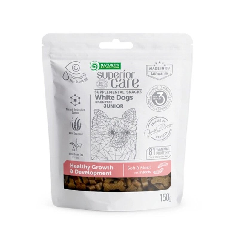 Superior Care Adult dogs snacks to support healthy growth and development with insects for Junior all breed dogs with White & Light coats 150 g