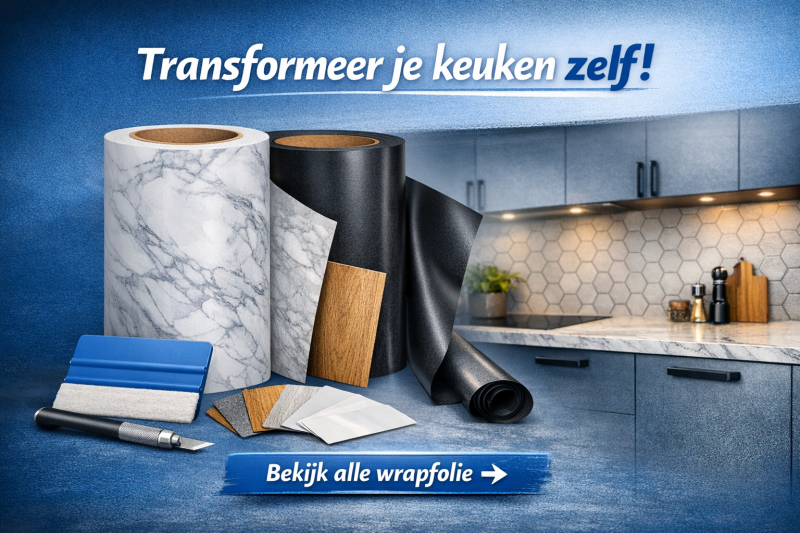 Wrapfolie rollen in marmer, mat zwart en houtstructuur met blauwe CTA-knop ‘Bekijk alle wrapfolie’.