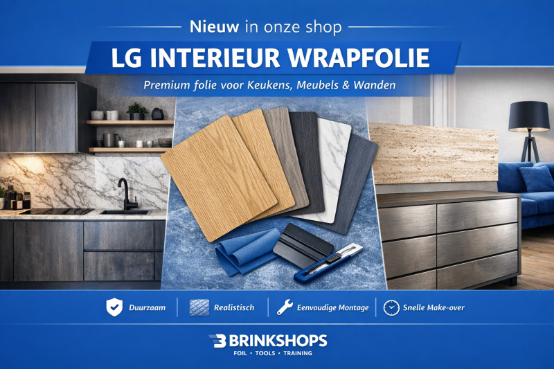 LG interieur wrapfolie samples in Brinkshops‑blauw met premium design en duurzame kwaliteit.