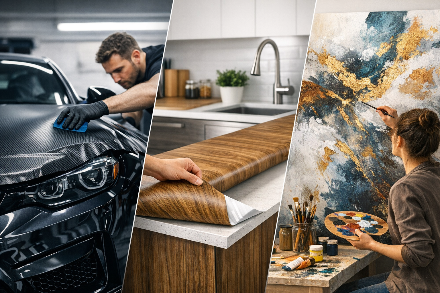 Auto‑wrap, interieurfolie en creatieve toepassing van wrapfolie in één compositie.