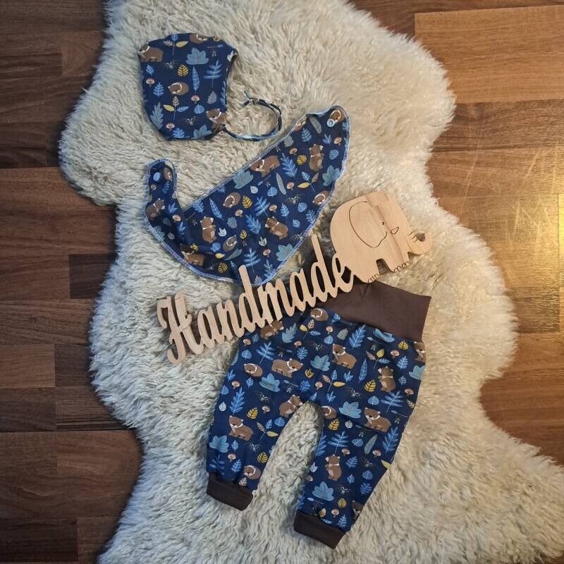 💕 Jersey Baby Set Bär 3 Teile Hose Mütze Halstuch Gr. 56 62