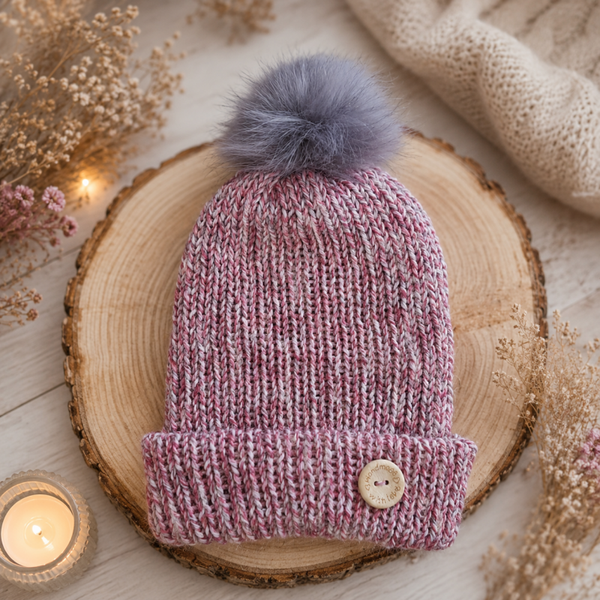 🤍 Strickmütze rosa mit grauer Bommel KU 48/50