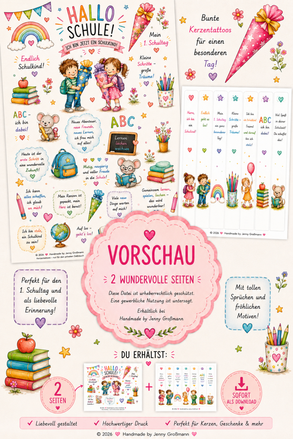❤️ Hallo Schule Tattoo Paket (2 Seiten) - PDF Datei