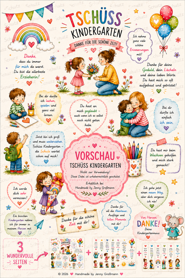 ❤️ Tschüss Kindergarten Tattoo Paket (3 Seiten) - PDF Datei