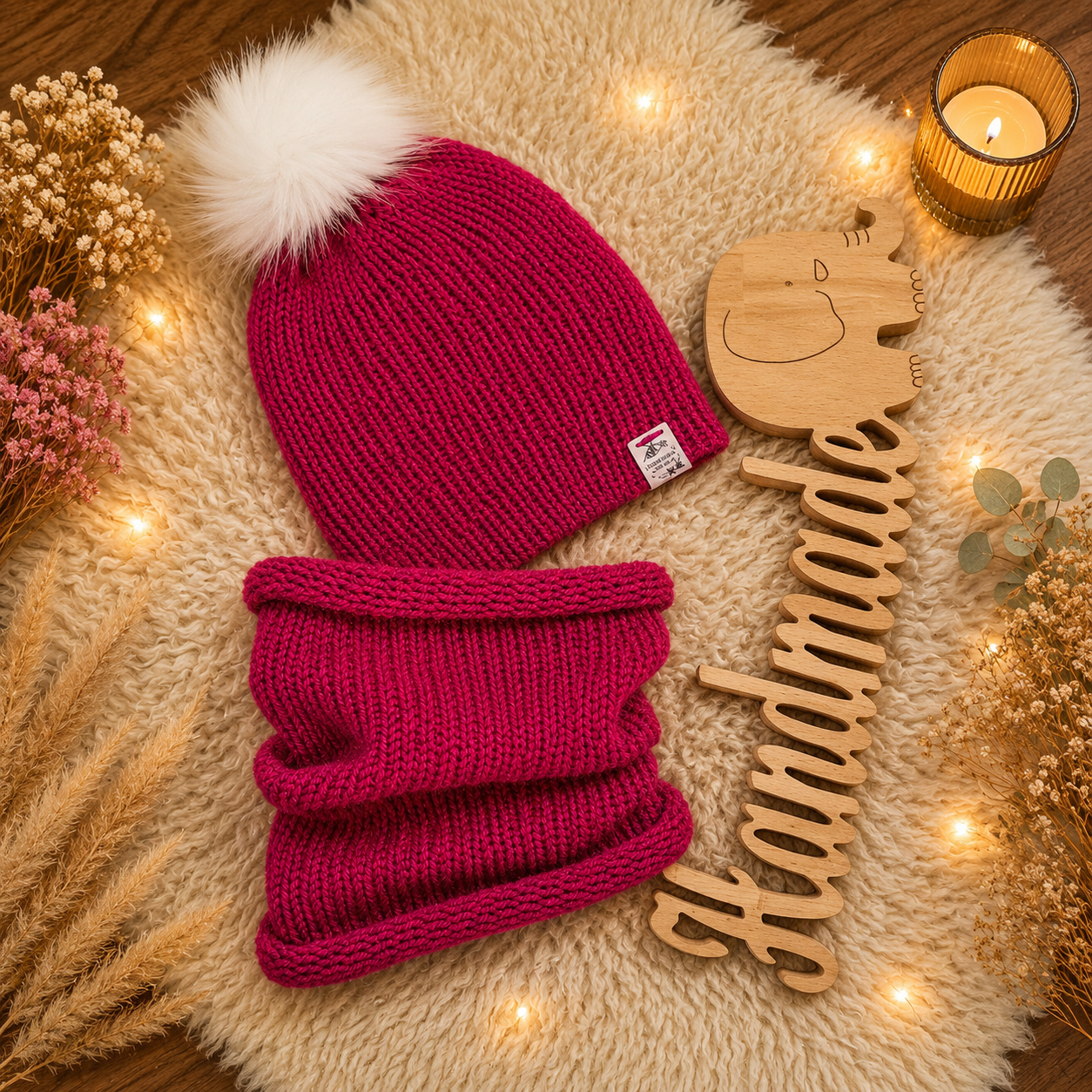🤍 Kinder Strick Set pink mit weißer Bommel KU 48/50