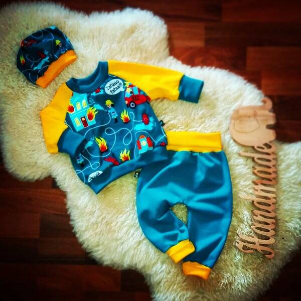 🩵 Baby Set Feuerwehr 3 Teile Hose, Pullover und Mütze Gr. 68