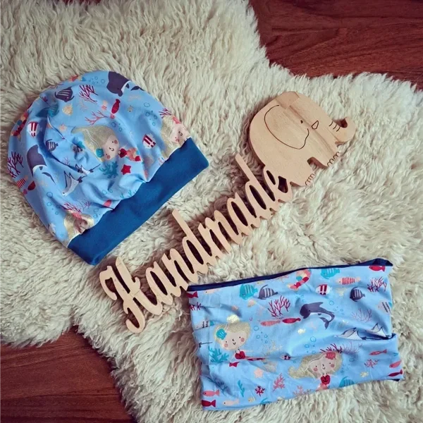 🧡 Mützen Set Meerjungfrauen Set blau/gold metallic Mütze und Loop KU 50 (Mütze nicht gefüttert. Loop innen Fleece)