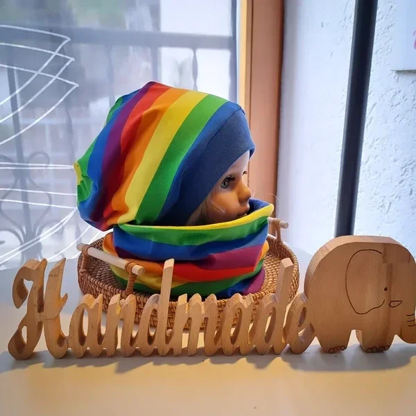 🧡 Mützen Set Regenbogen Set KU 50/52 Bündchen blau (Mütze nicht gefüttert, Loop innen Jersey)