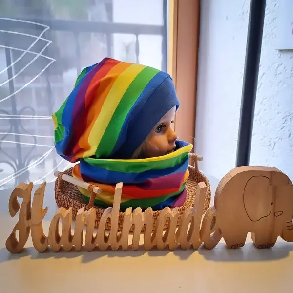 🧡 Mützen Set Regenbogen Set KU 50/52 Bündchen blau (Mütze nicht gefüttert, Loop innen Jersey)