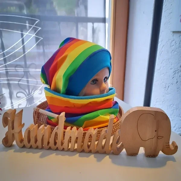 🧡 Regenbogen Set KU 50/52 Bündchen türkis (Mütze nicht gefüttert, Loop innen Jersey)