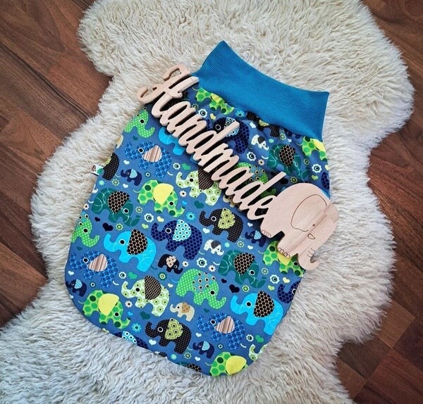 🩵 Baby Strampelsäckchen blau Elefanten ca 0 bis 3 Monate aussen Jersey / innen mit Fleece gefüttert