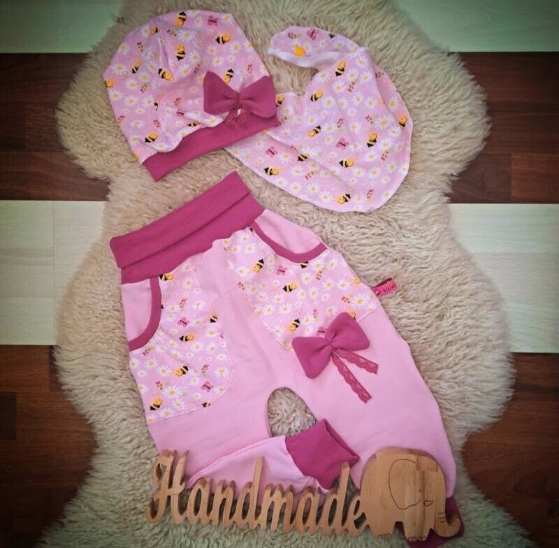 💕 Kleinkind Set 3 Teile Rosa Bienen Hose(Sweat) Halstuch und Mütze (Jersey) Gr. 74/80