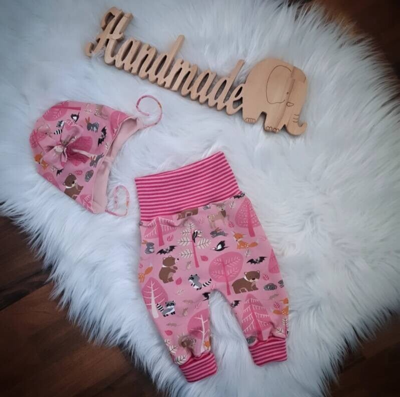 💕 Jersey Baby Set 56 62 Hose und Mütze Waldtiere
