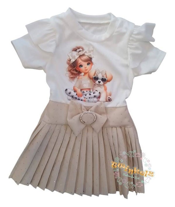 Cute girl met puppy bling jurkje - Beige/wit