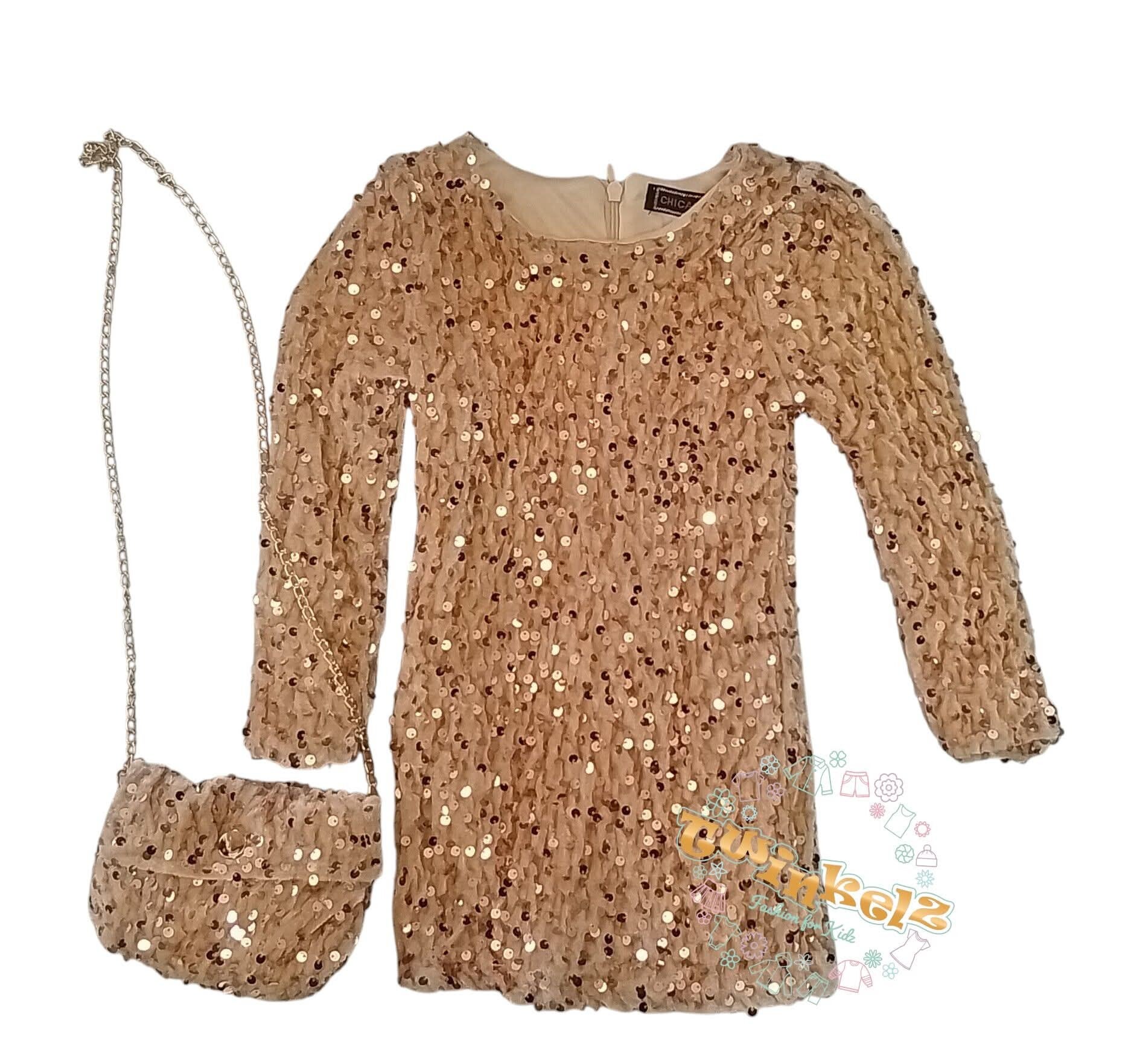 Goudkleur pailletten feest jurk met tasje