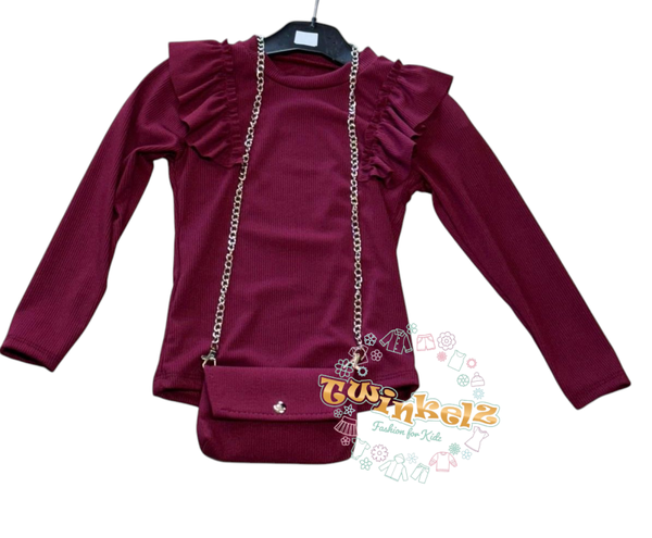 🍂Bordeaux Ruffle shirt met tasje