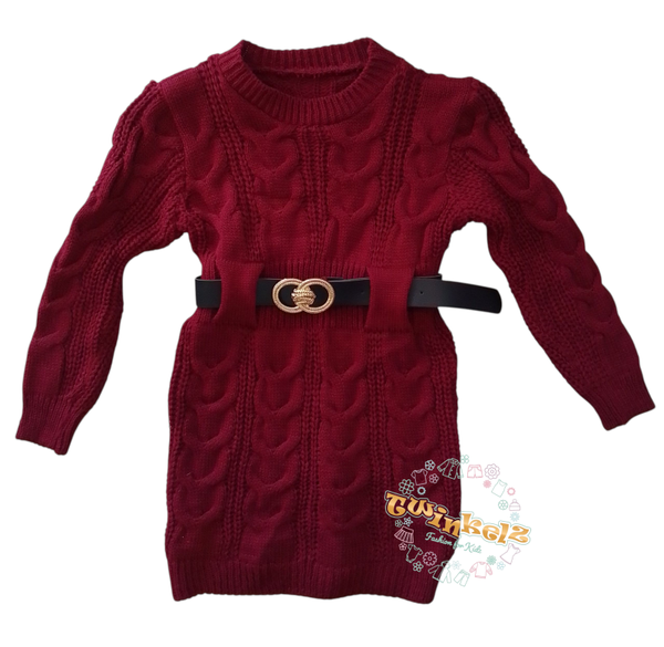 Bordeaux lange kabel trui met riem
