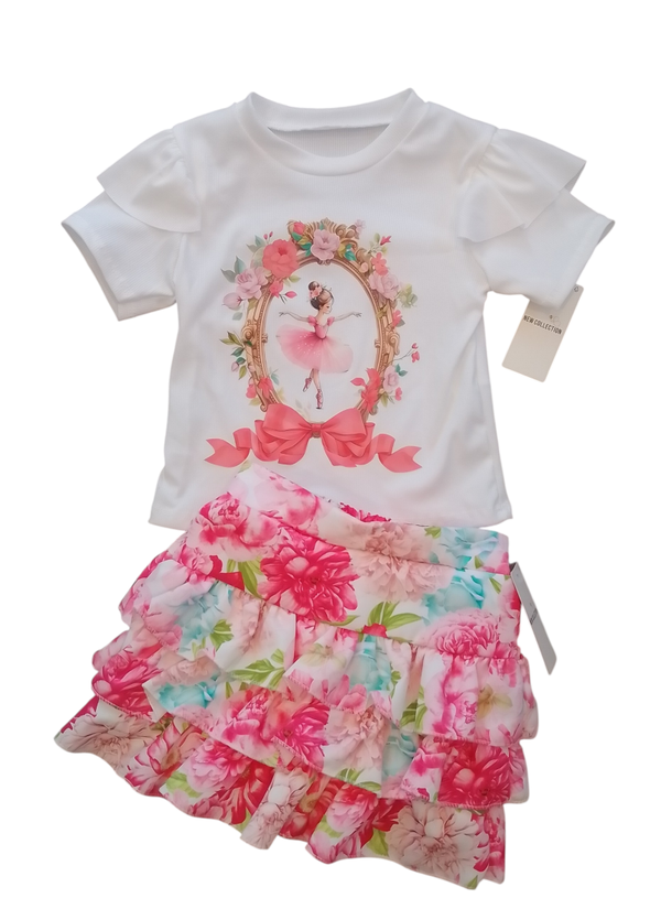 Ruffle shirtje met Bloemen Broek rokje Set