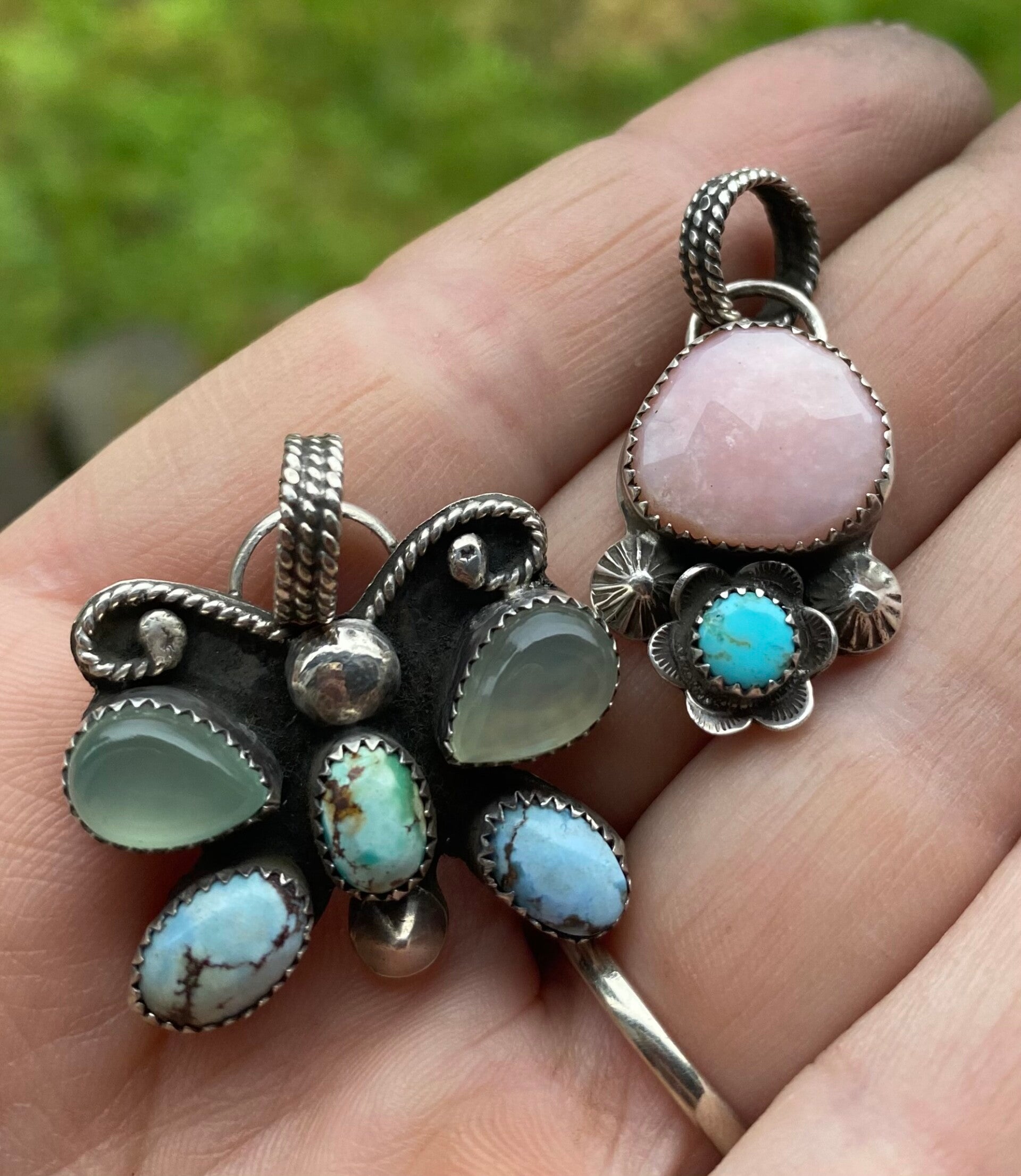 Natural Pink Opal and Sonoran Turquoise flower sterling silver pendant