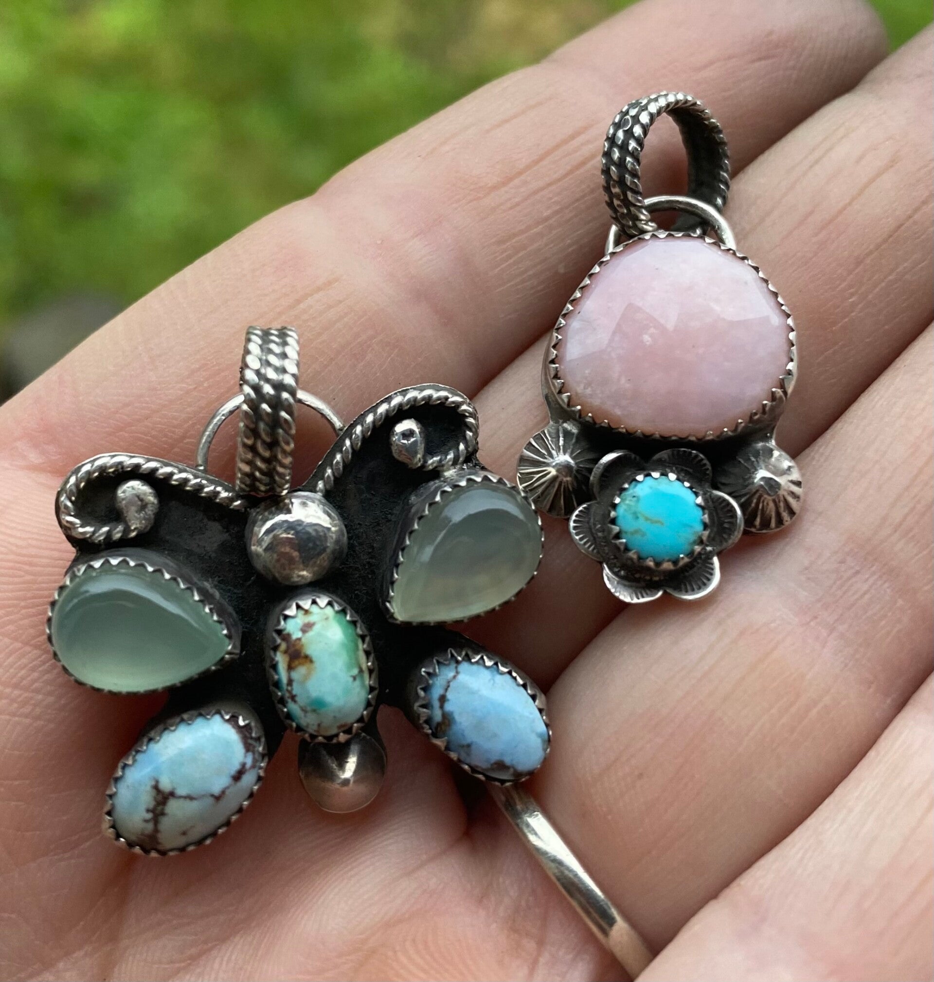 Golden Hills Turquoise and Chalcedony sterling silver butterfly pendant