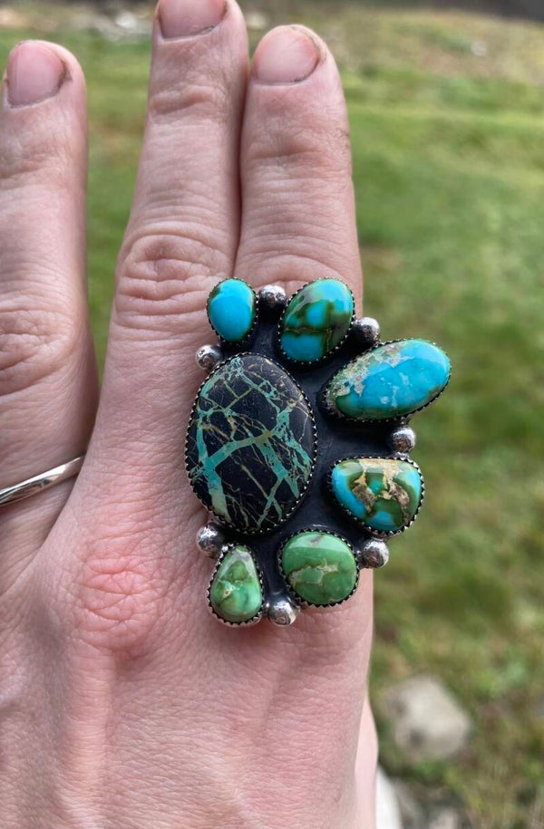 Beautiful Blackjack and Sonoran Turquoise Half Cluster Ring Adjustable