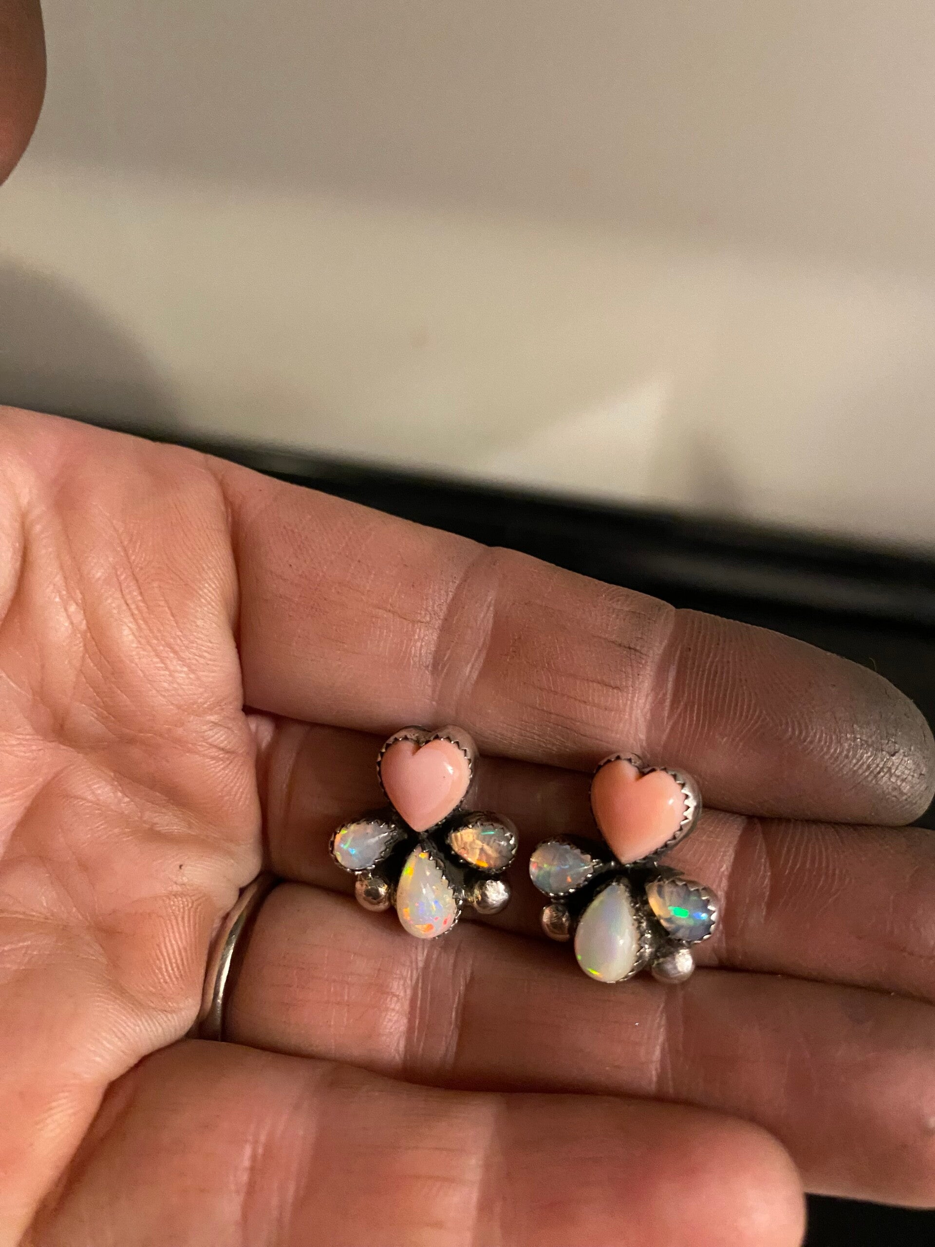 Queen conch hearts and opal drop sterling earrings