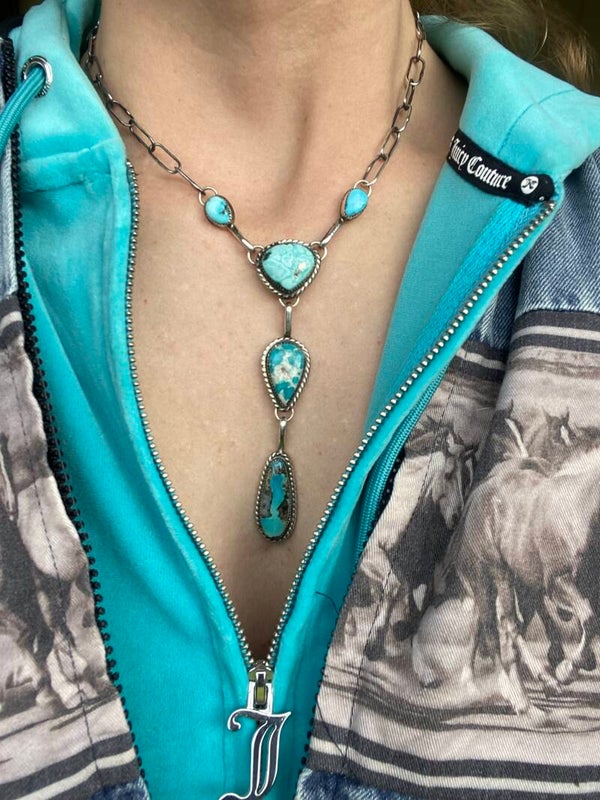 Genuine Turquoise and sterling silver lariat drop necklace
