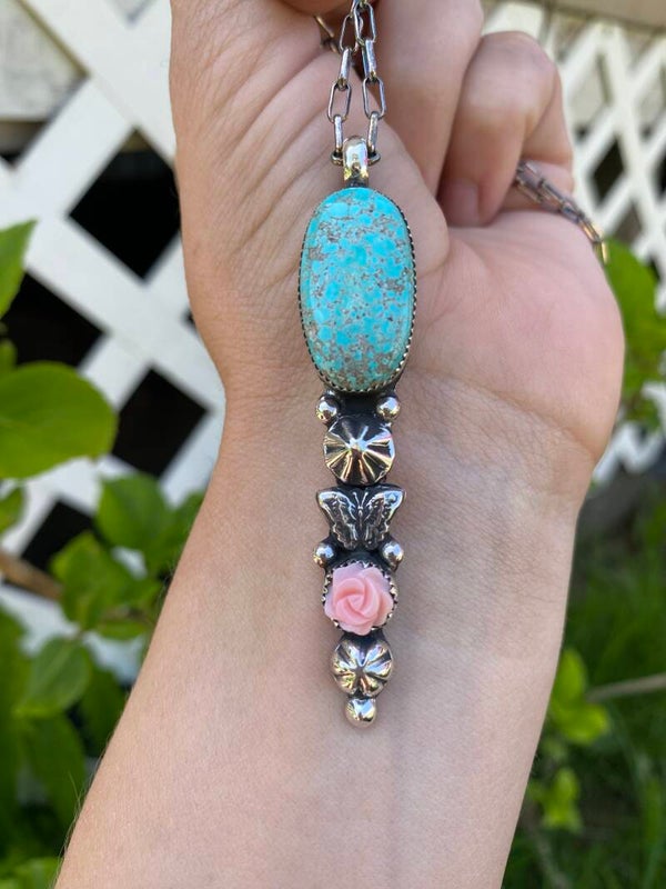 Lone Mountain Turquoise long sterling pendant