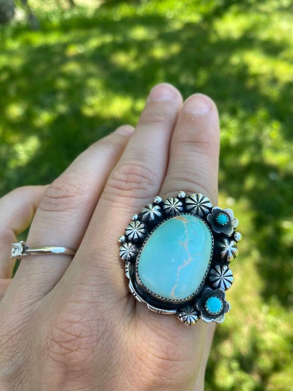 Size 9 High Dome Royston Turquoise Floral Sterling Ring