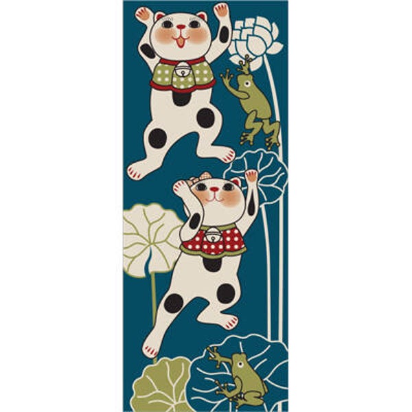 Tenugui handdoekje "Kat & Kikker", 34 x 90 cm (T-Tenu-5A)