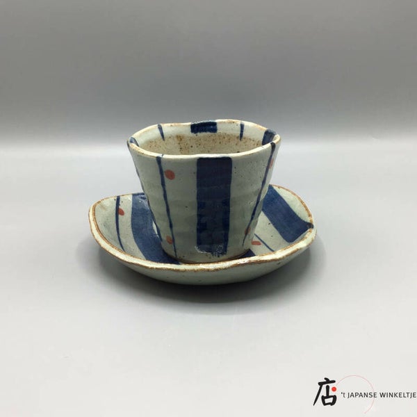 Kop & schotel grijs/blauw/rood Ø 9cm, 7 cm hoog (K-Touga18-16)