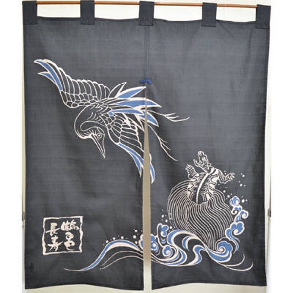 Noren "Kraanvogel & Schildpad" van katoen, 83 x 90 cm (T-Noren-5B)