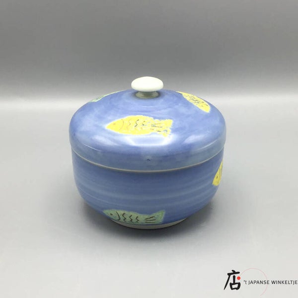 Pot met dekselblauw met vis patroon Ø 10 cm 9,5 cm hoog (K-Sai-22317)
