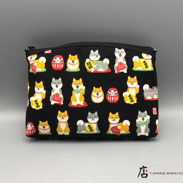 Toilettasje met Shiba Inu (Hond) en Daruma motief zwart (T-Chi-1812B)