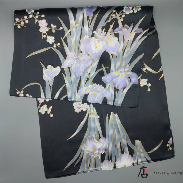 Sjaal van 100% zijde met iris- en pruimenbloesempatroon vierkant zwart, 78 x 78 cm (T-SC939)