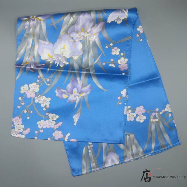 Sjaal van 100% zijde met iris- en pruimenbloesempatroon rechthoekig blauw, 30 x 156 cm (T-ST939)
