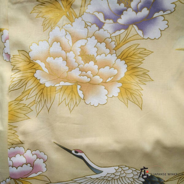Yukata dames lichtgeel met pioenrozen & kraanvogels (T-Yuk-D)