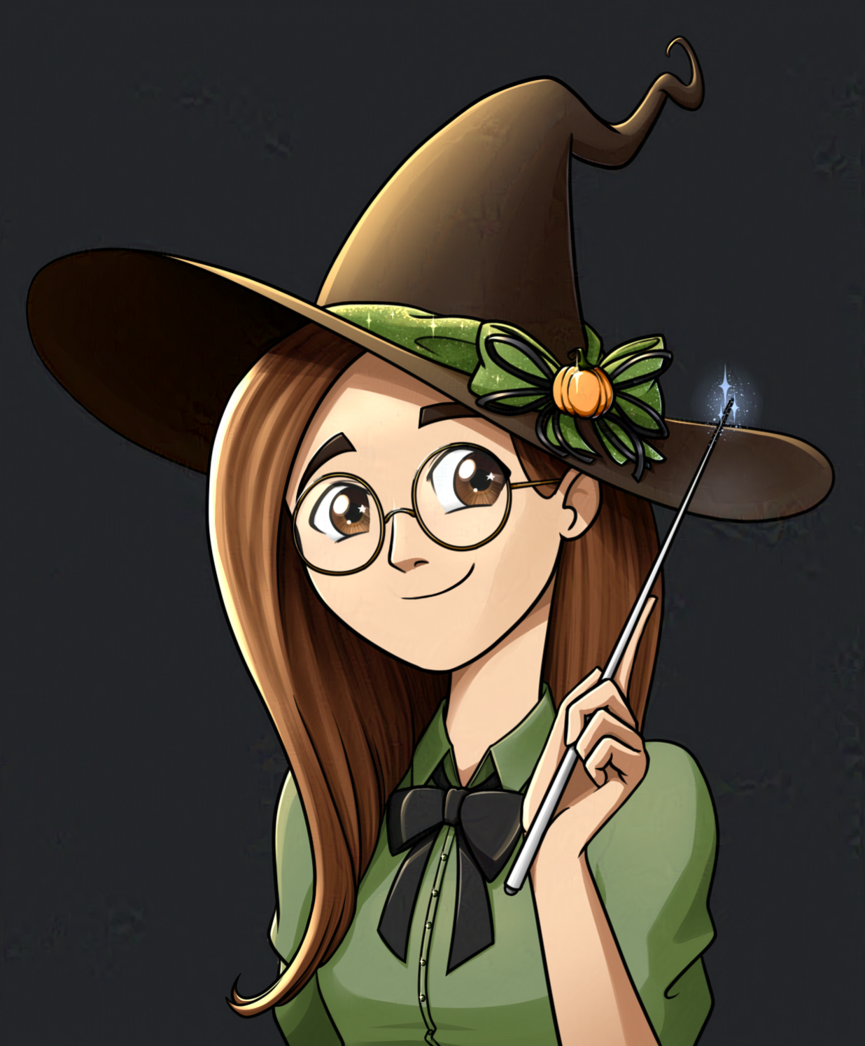 Selbstportait. Eine Hexe, mit langen braunen Haaren, braunen Augen, einem symplen weißen Zauberstab