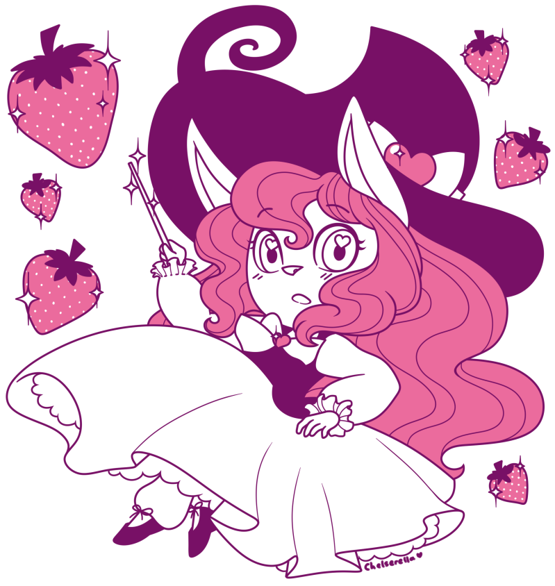 Eine Anthro-Katzen-Hexe mit voluminösen pinken Locken, welche Erdbeeren um sich rum zaubert.