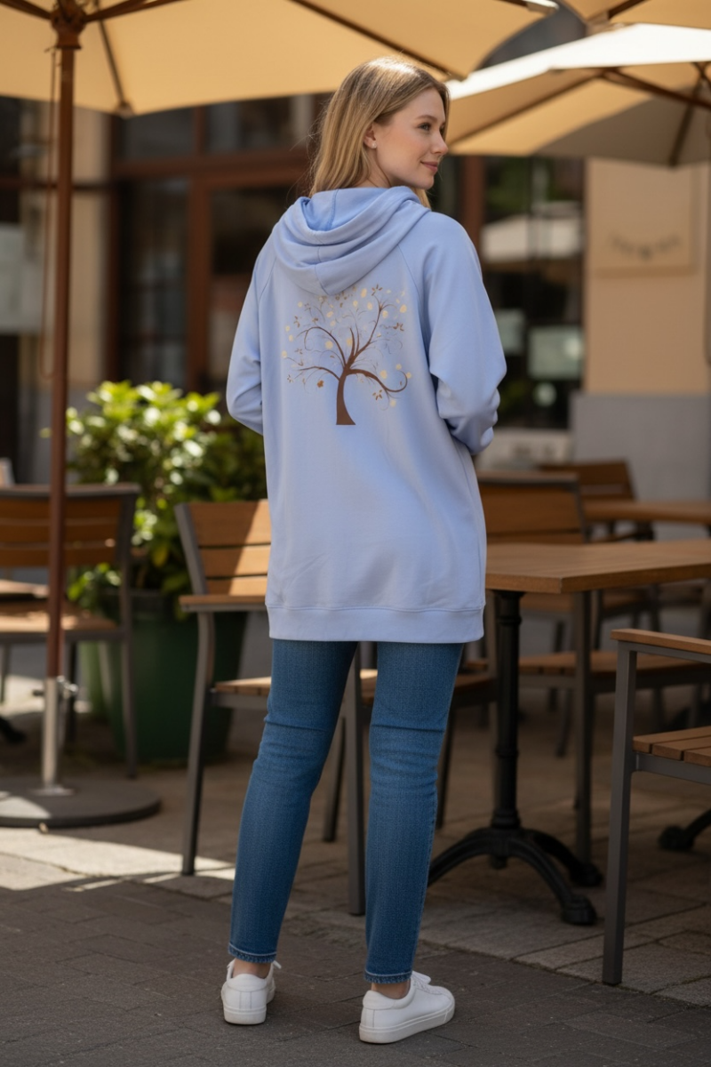Light blue hoodie with a tree branch design on the back