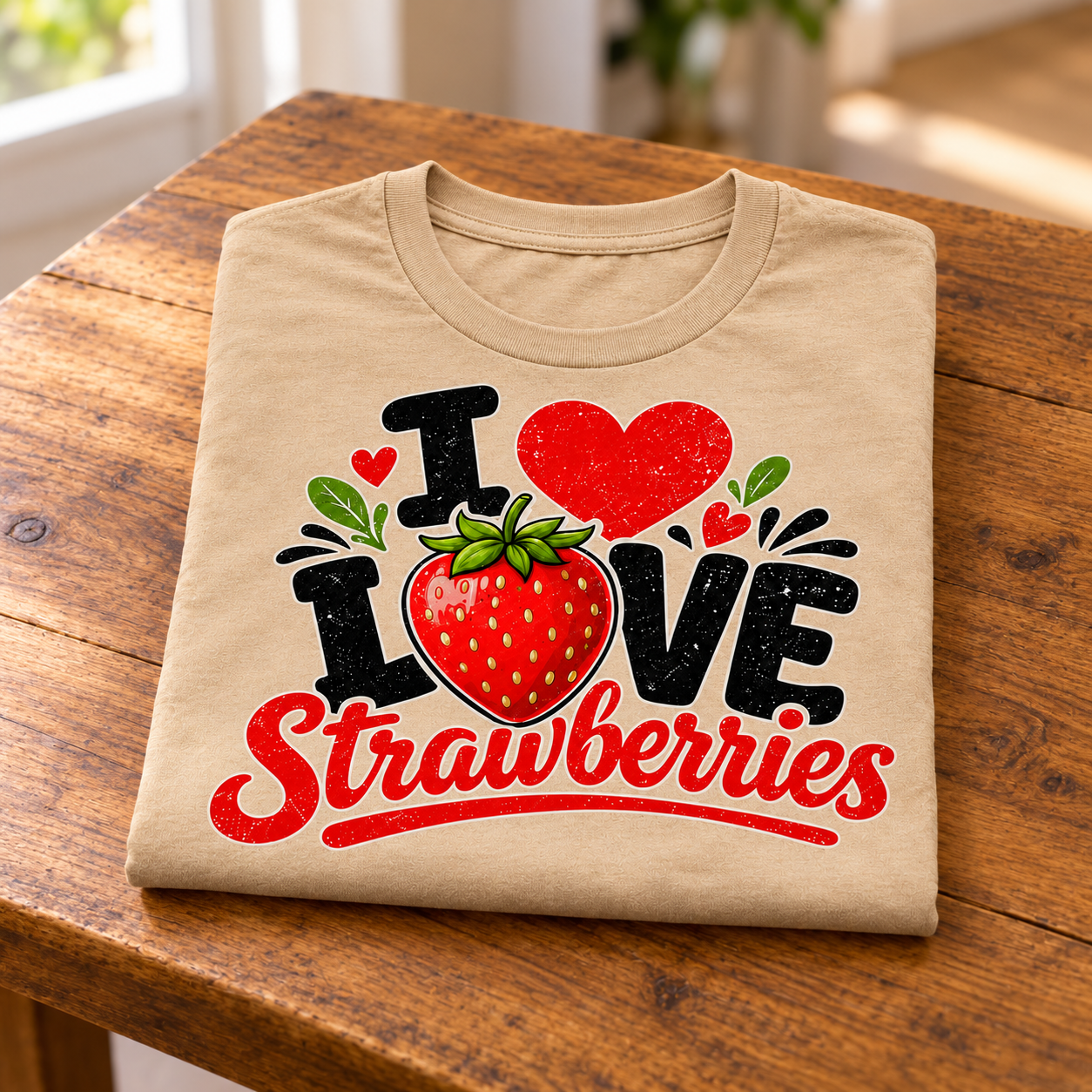 Folded tan T-shirt with a red, black, and green I Love Strawberries design