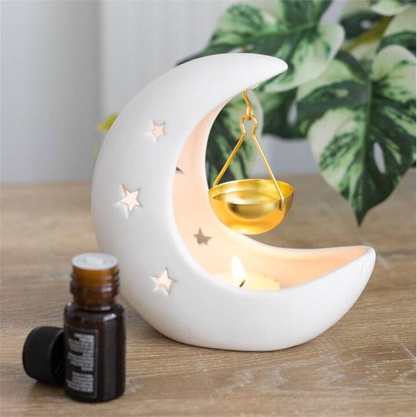 Quemador Colgante con Forma de Luna Creciente Blanca y Plato Dorado