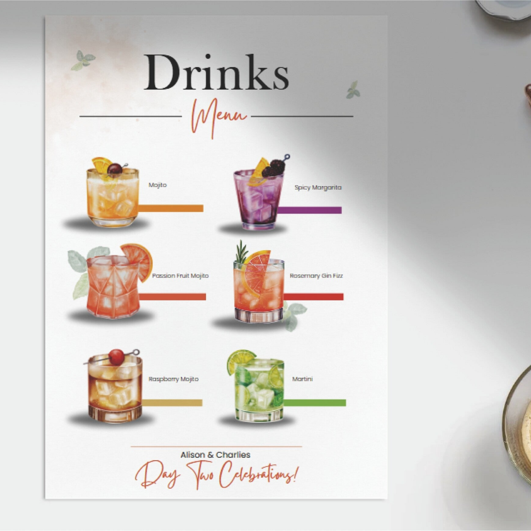 Drinks Wedding Menu - A4 Size