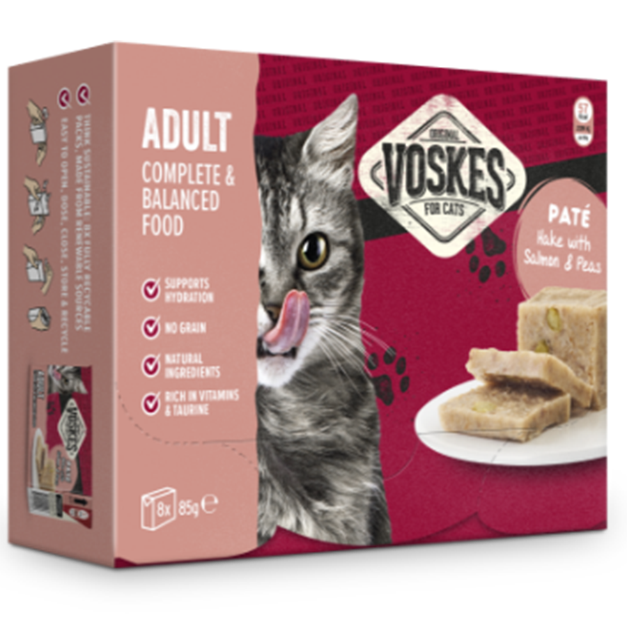 Adulte - Paté colin, saumon & petits pois 8x85g Voskes